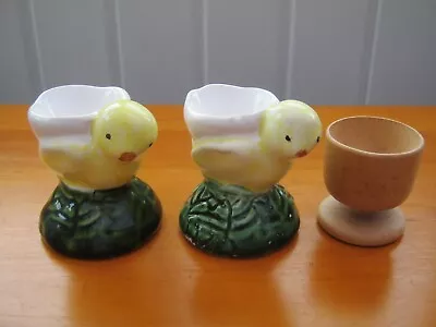 Pair Vintage Easter Ceramic Chick Egg Cups + Wooden 'Daniel' Egg Cup • £2.99