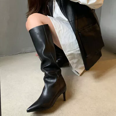 $94.19 • Buy Women Genuine Leather Knee High Boots Pointed Toe Thin Heel Slip On Footwear