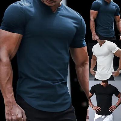 Mens V-Neck Henley T-Shirt Tops Short Sleeve Slim Fit Golf Muscle Casual Blouse • $10.98