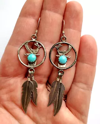 ! Beautiful Vintage 5* New Mexico 925 Sterling & Turquoise Road Runner Earrings • $39