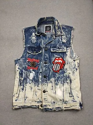 Imperious Vest Mens Small Blue Denim Distressed Rock N Roll Y2K Embroidered • $16.72