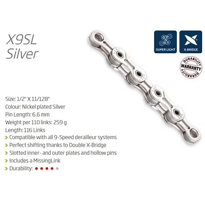 KMC X9SL (9 Speed Chain) — 116 Links / Silver — AUS STOCK — Bike Road MTB • $87.99