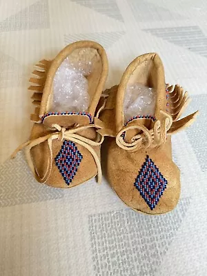 Vintage Hand Sewn Beaded Native Moccasins Leather 6” Child • $22