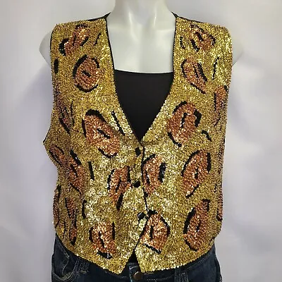 Chantik Unisex Vintage Sequin Vest Animal Print Orange Black Gold Halloween • $50