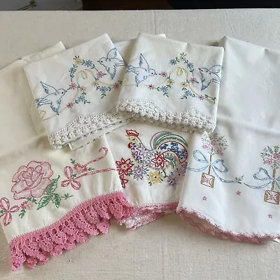 5 Vintage Embroidered Pillow Cases One Pair 3 Singles Granny Core Country Floral • $22