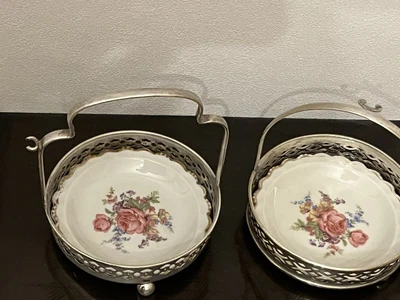 £10 • Buy Vintage Silver Plate Pair Jam Butter Preserve Dishes With China Inserts