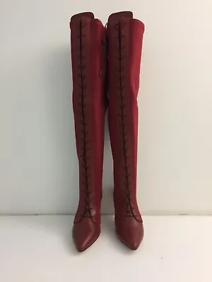DUO Women's Over The Knee Boots Amaranto Red Elenor Stiletto Heel Lace Up New F1 • £75