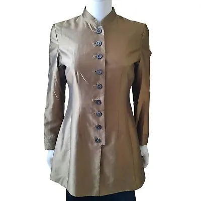 Vintage J. PETERMAN Silk Shantung Nehru Mandarin Collar Tunic Jacket  Sz 4 Olive • $45.99