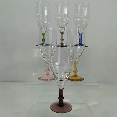 Vintage Sherry Glasses Set Of 6 Port Wine  Multi Coloured Stem 50s 60s Mid Cent • £14.99