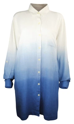 £12.97 • Buy Womens Long Linen Shirt Dress Dip Dye White Blue Size 6 10 12 14 16 18 20 22
