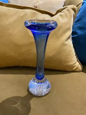 Vintage Murano Art Glass Blue Bud Vase Controlled Bubble Clear Base 7” Cala Lily • £11