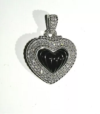 Judith Ripka Sterling Silver Carved Black Onyx Diamonique Heart Enhancer Pendant • $89.99