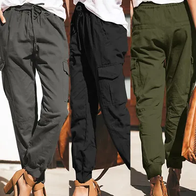 ZANZEA 8-24 Women Elastic High Waist Trousers Drawstring Tapered Cargo Pants HOT • $27.16