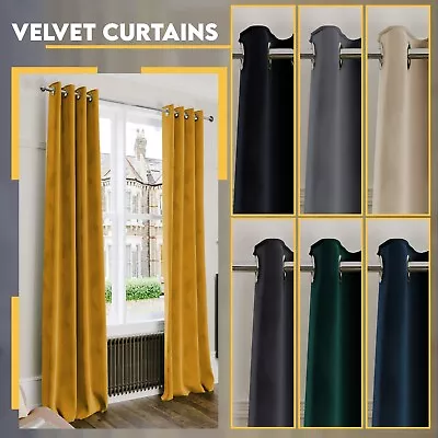 Luxury Blackout Curtains Crushed Velvet Eyelet Curtain Pair Ring Top Ready Made • £39.99