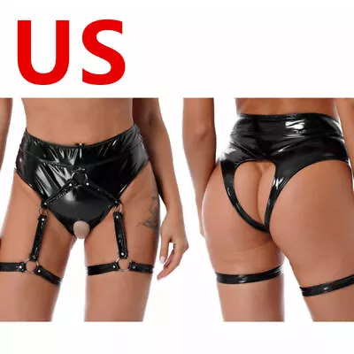 US Womens Shorts With Leg Garter Faux Leather High Waisted Briefs Panties Booty • $12.87