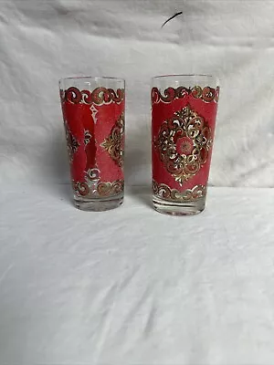 VTG 2 Starlyte Red Gold Drinking Highball Glasses 1950s Mid-Century Medallion • $12.99