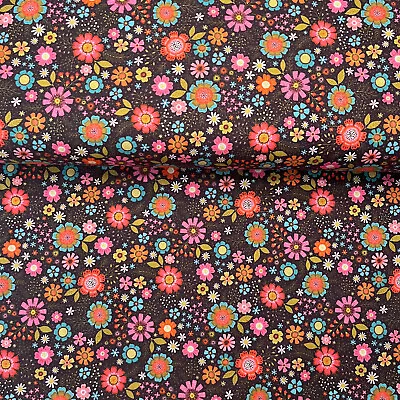 RETRO FLOWERS ON BROWN 100% Quilting Cotton Fabric By Michael Miller Fabrics • £7.99