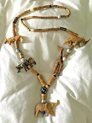 Vintage Hand Crafted African Wood Seed Bead Necklace HAND CARVED ANIMALS BOHO • $24.99
