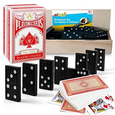 £3.99 • Buy 2 Pack Playing Cards Plastic Coated & 28 Dominoes Game Set Wooden Box Dominos