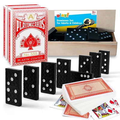 £3.99 • Buy 2 Pack Playing Cards Plastic Coated & 28 Dominoes Game Set Wooden Box Dominos