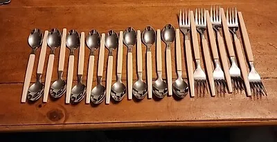 Vintage MCM Stainless China Pink Plastic Handle Flatware Silverware Set Of 26 • $30