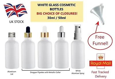 £2.99 • Buy WHITE Glass Dropper Bottles Choose Lid PIPETTE PUMP SPRAY ATOMISER + FREE FUNNEL