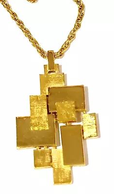 Vintage Crown Trifari Necklace Pendant Brushed Gold-tone Abstract Modernist • $49.99