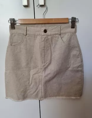 ZULU & ZEPHYR Size 6 Beige Mini Skirt Cotton Linen Frayed Hem • $45