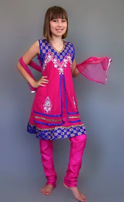 Indian Girls Bollywood Dance Pink Churidar Tunic Pants 3 Pc Set Devs Costumes  • $50