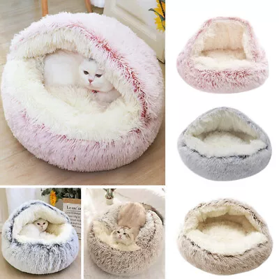 60CM Pet Dog Cat Bed Round Plush Kitten Warm Sleeping Nest Igloo Cave Mat House • £15.69