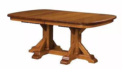 Amish Rustic Trestle Double Pedestal Dining Table Extending Solid Wood 42  X 72  • $4099