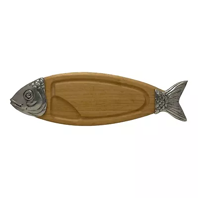 Vintage Wood & Metal Fish Salmon Cutting Serving Board 26” • $39.99