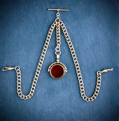 18ct Gold Plated Pocket Watch Double Albert Chain With Red Onyx Spinner • £44.99