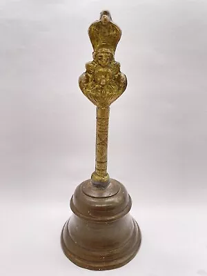Vintage Ornate 9  Brass Metal Hand Bell Face Figure On Handle Made India LOUD • $8.99