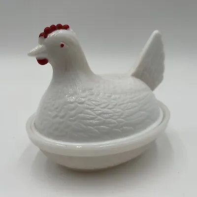 Vintage Hazel Atlas White Milk Glass Hen On Nest With Painted Details • $10