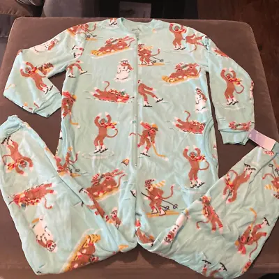 Nick & Nora Adult Teen Unisex Fleece One Piece Sock Monkeys Pajama Size M NWT • $20