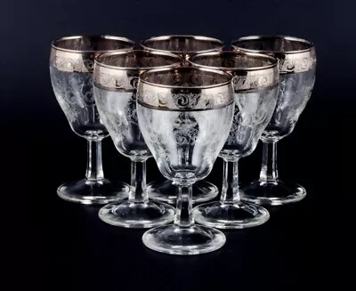 Murano Italy Six Mouth-blown And Engraved Port Wine Glasses With Silver Rim. • $300