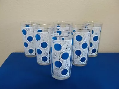 Lot Of 6 Vtg 60s MCM Blue Polka Dot Atomic Swirl Highball Drink Glasses Barware • $29.99