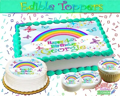 Butterflies And Rainbow Birthday Cake Topper Edible Paper Sugar Sheet Cupcakes • $9.50