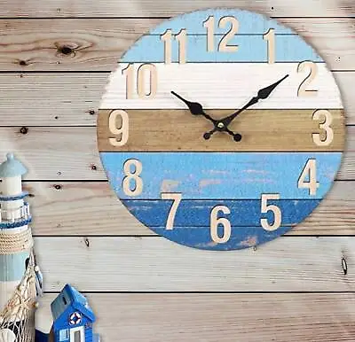 Beach Clock Blue Colour Seaside Nautical Decor Silent Wall Clock Home Decor • £14.99