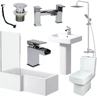 Complete Bathroom Suite L Shaped Bath Close Coupled Toilet Basin Screen Taps Set • £674.47