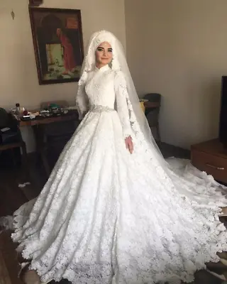 Saudi Arabia Turkey Muslim Wedding Dresses Ball Gown Long Sleeves Lace High Neck • $152.99