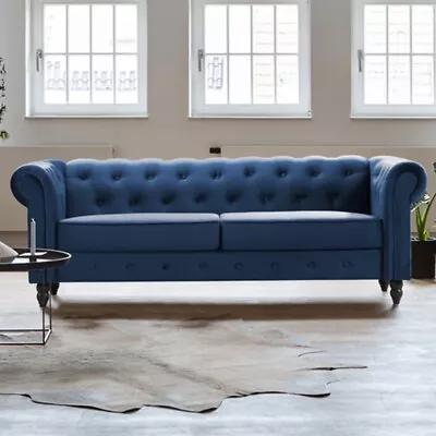 Velvet Navy 3 Seater Loveseat Chesterfield Sofa • £399