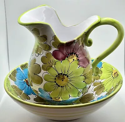 VINTAGE Italian Hand Painted Pitcher And Wash Basin Set Green Floral ITALY See* • $19.90