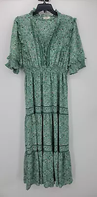 Max Studio Dress Womens Large Green Floral Puff Sleeve Tiered Maxi Boho Flowy • $26.80