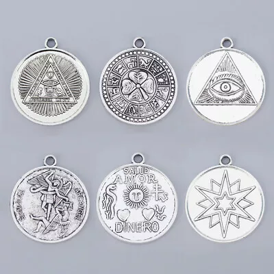 6 X Tibetan Silver Color Large Tetragrammaton Pentagram Round Charms Pendants • £5.62