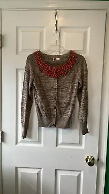 Anthropologie Moth Linen Blend Women’s Medium Cardigan Sweater With Orange Beads • $22.96