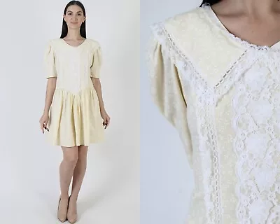 Vtg Lace Country Western Dress Drop Waist Prairie Pale Yellow Viole Floral Mini • $46.55