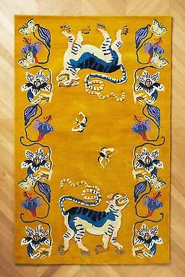 Tufted Dragon Rug Handmade 100% Wool Rug Tibetan Tiger Rug Yellow Tiger Rug • $999