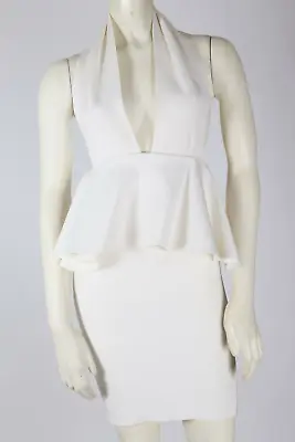 $39.99 • Buy Off White Halter Neck Deep V-Neck Open Back Backless Peplum Mini Dress Size S